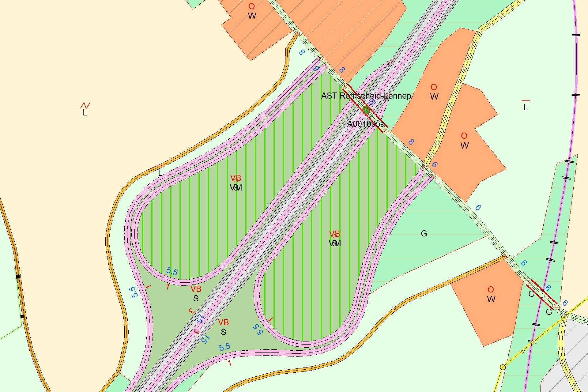 Ein Ausschnitt aus dem Basis-DLM, Erfassungsgraphik, zeigt eine Autobahnauffahrt.