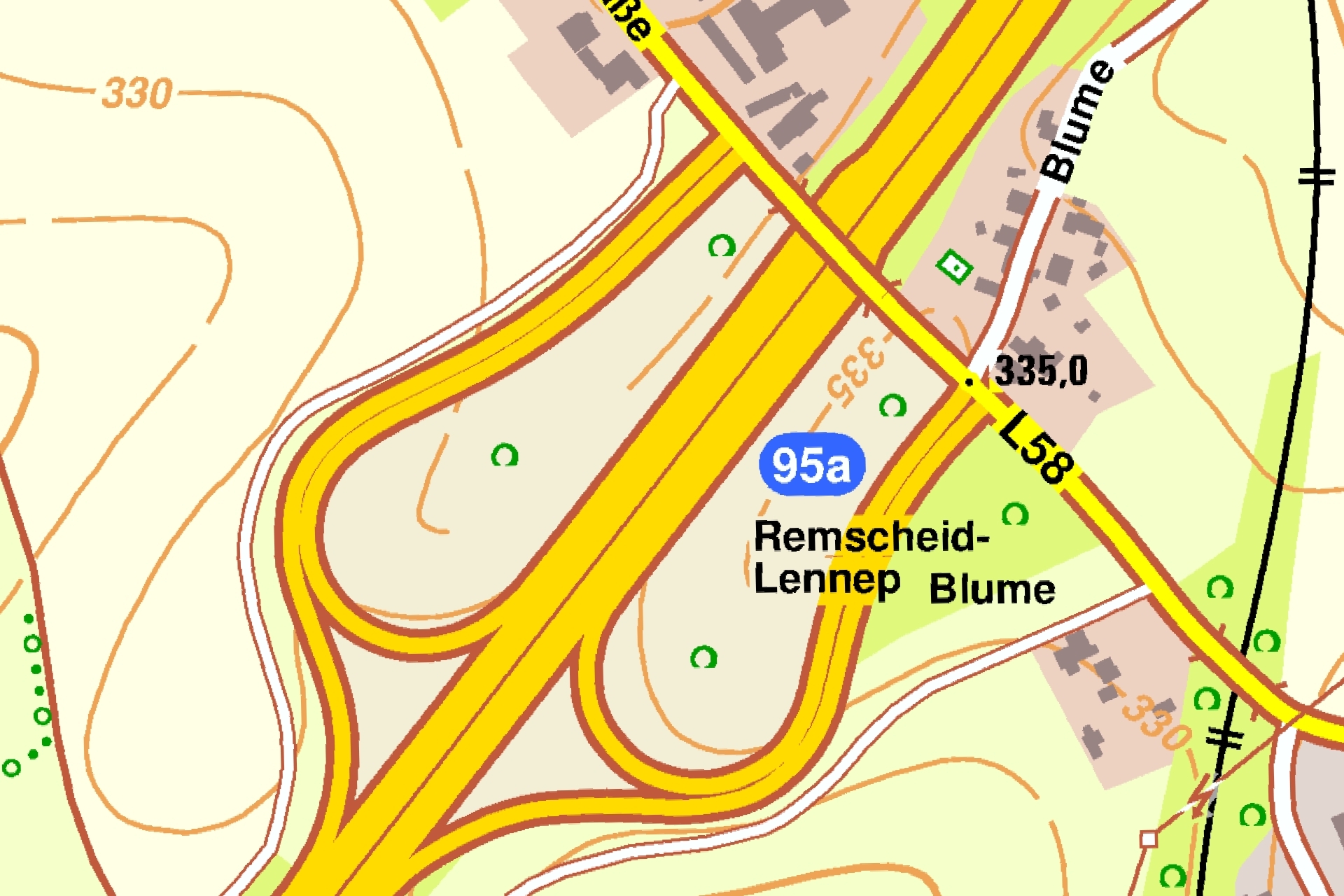 Ein Ausschnitt aus dem Basis-DLM, kartographische Präsentation, zeigt eine Autobahnauffahrt.