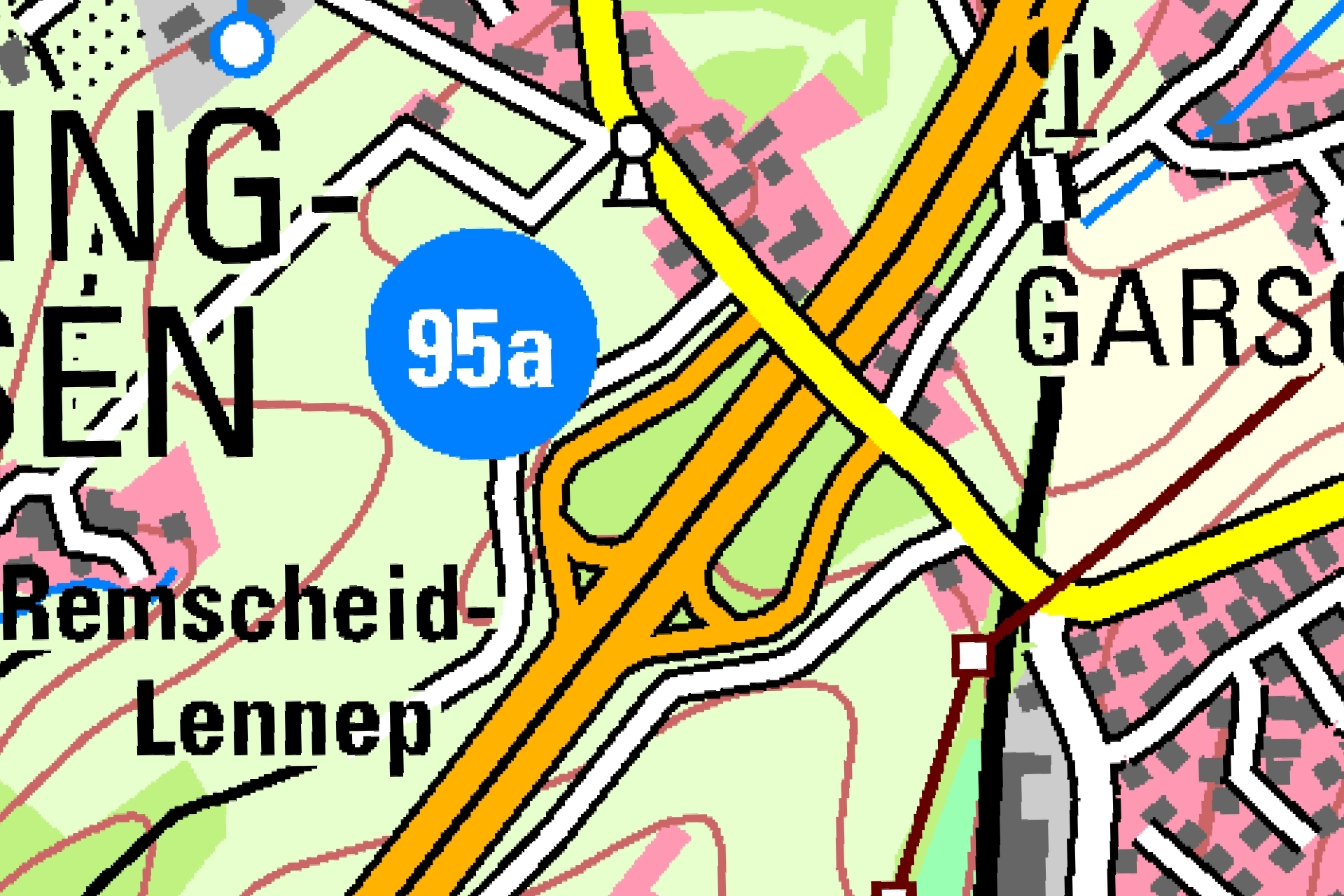 Ein Ausschnitt aus dem DLM50, kartographische Präsentation, zeigt eine Autobahnauffahrt.