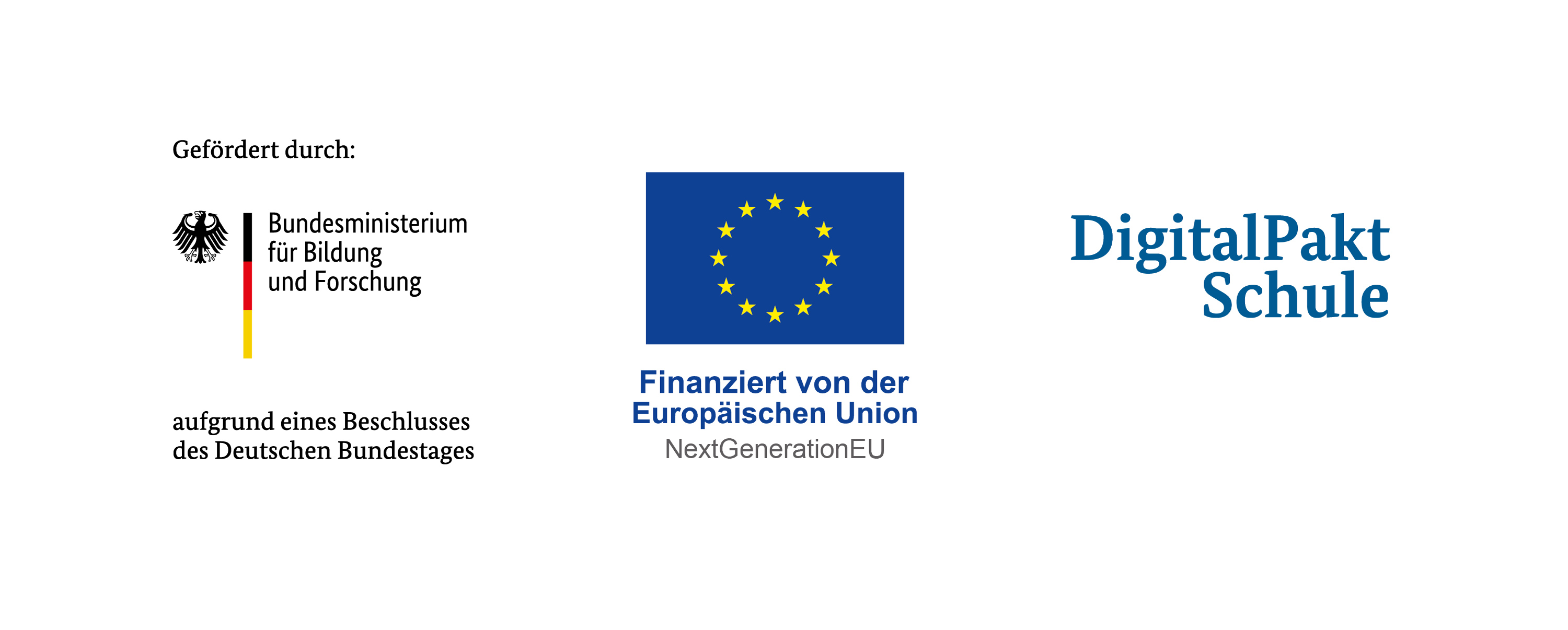Drei Logos auf weißem Hintergrund: Gefördert durch Bundesministerium für Bildung und Forschung, finanziert von der Europäischen Union, DigitalPakt Schule