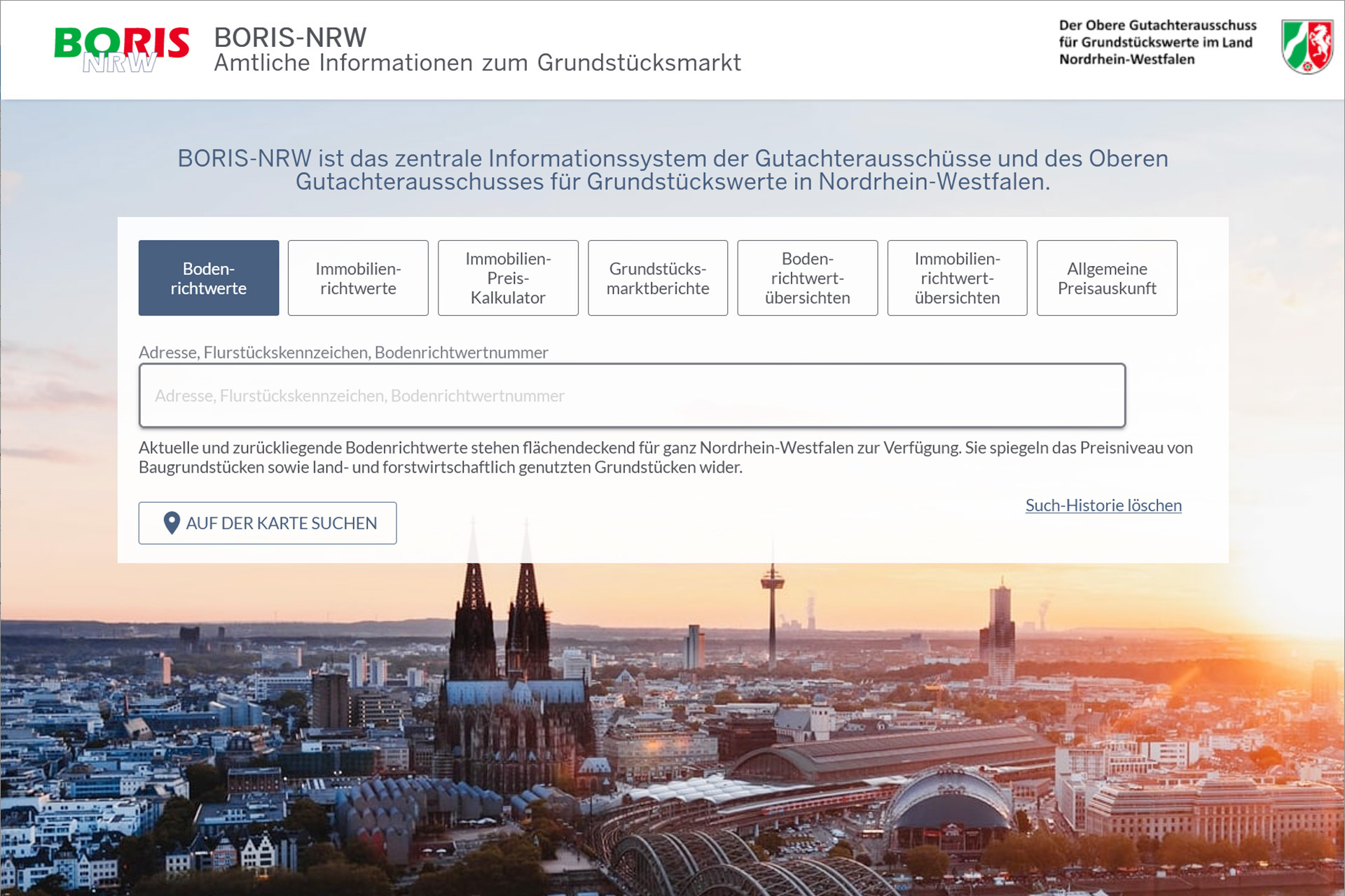Startseite zu BORIS-NRW – Amtliche Informationen zum Grundstücksmarkt in Nordrhein-Westfalen
