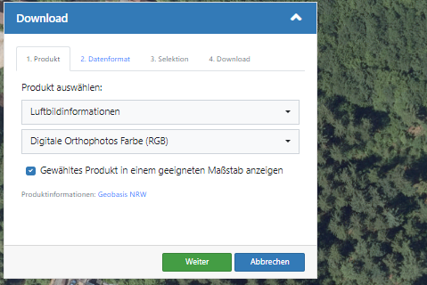 Festlegung des gewünschten Produktes von Geobasis NRW