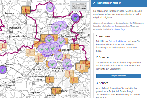 Mit Hilfe der Funktion „Kartenfehler melden“ können Fehler in den Karten nun auch mit TIM-online 2.0 direkt an Geobasis NRW übermittelt werden.