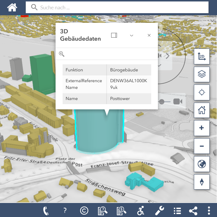 3D-Gebäude mit basemapDE-Karte und Gebäudeauswahl