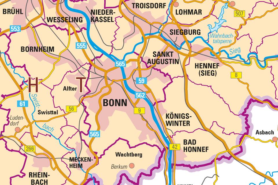 Ausschnitt aus der Verwaltungskarte NRW 1 : 250 000 (NRW250VK), farbige Ausgabe