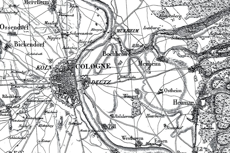 Französische Karte der Rheinlande 1 : 100 000; Tranchot, Ausschnitt Köln