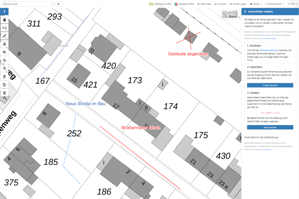 TIM-online 2.0 - Crowdsourcing: Mit Hilfe der Funktion „Kartenfehler melden“ können Fehler in den Karten nun auch mit TIM-online 2.0 direkt an Geobasis NRW übermittelt werden