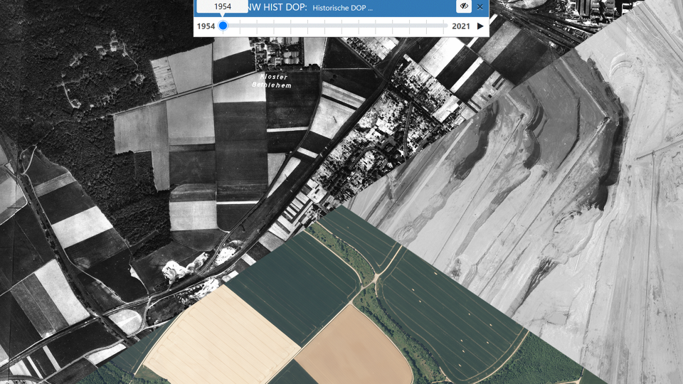 Abbildungen Tagebau Bergheim, links: Luftbild 1953, rechts: Luftbild 1993, unten: Luftbild 2023