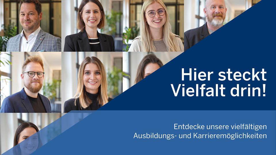Portraitaufnahmen von Beschäftigten. Daneben der Schriftzug: Hier steckt Vielfalt drin!