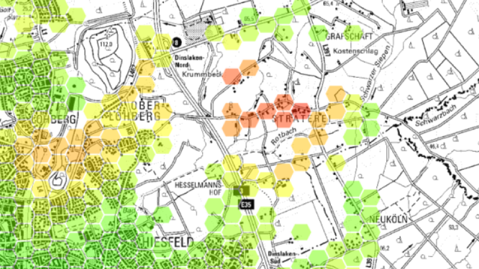 Die Grafik zeigt einen Ausschnitt des Dienstes WMS NW Bodenbewegungskataster.