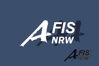 Weißer Schriftzug Amtliches Festpunktinformationssystem (AFIS NRW) auf blauem Hintergrund (Logo: AFIS NRW)