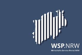 Weiße Silhouette von NRW mit Schriftzug Wirtschafts-Service-Portal NRW (WSP NRW) auf blauem Hintergrund