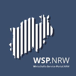 Weiße Silhouette von NRW mit Schriftzug Wirtschafts-Service-Portal NRW (WSP NRW) auf blauem Hintergrund