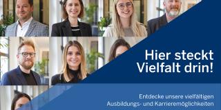 Portraitaufnahmen von Beschäftigten. Daneben der Schriftzug: Hier steckt Vielfalt drin!
