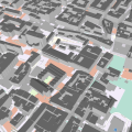 Die Grafik zeigt eine Ansicht der Gebäudemodelle aus der REST-API im Level of Detail 2 (LoD2).