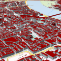 Die Grafik zeigt eine Ansicht der Gebäudemodelle aus der OGC-API im Level of Detail 2 (LoD2).